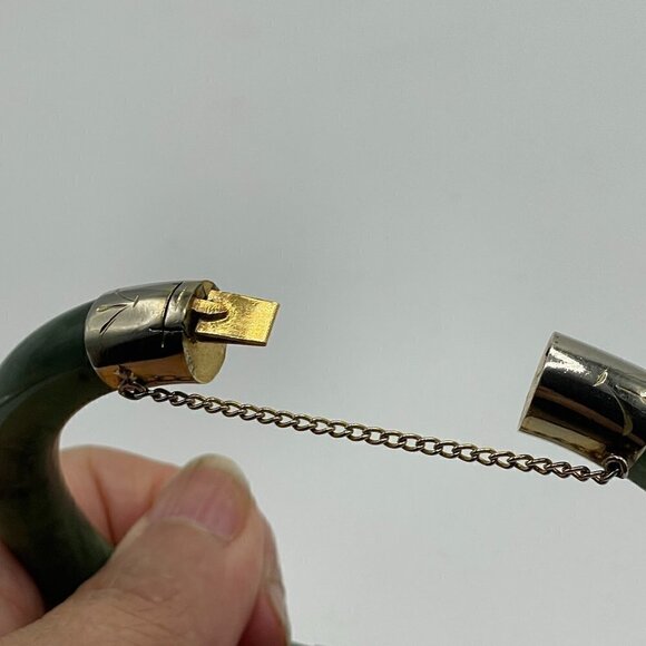 Vintage Spinach Green Nephrite Jade Bangle Bracelet Hinged 10K Gold Plate Caps - Picture 6 of 8